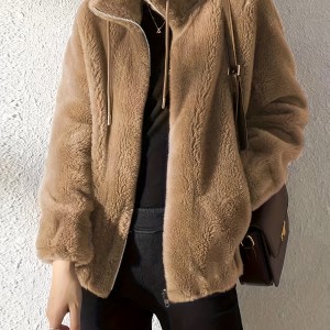 Drawstring Teddy Coat, Casual Zip Up Long Sleeve Warm Outerwear, Women's Clothing