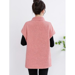 Button Front Teddy Vest, Casual Short Sleeve Solid Versatile Vest, Women's Clothing