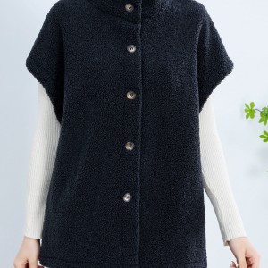 Button Front Teddy Vest, Casual Short Sleeve Solid Versatile Vest, Women's Clothing