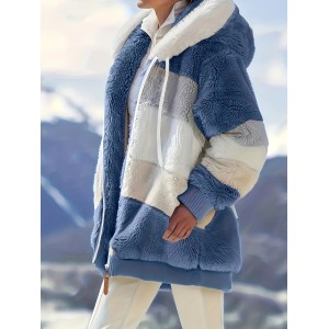 Color Block Hooded Teddy Coat, Casual Zip Up Long Sleeve Winter Warm Outerwear, Women's Clothing