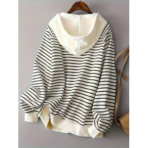 Striped Print Hooded Jacket, Casual Drawtring Zip Up Long Sleeve Outerwear, Women's Clothing