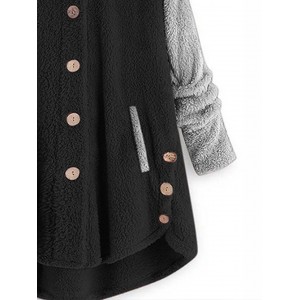 Color Block Hooded Coat, Dual Pockets Button Long Sleeve Coat, Casual Outerwear For Fall & Winter, Women's Clothing