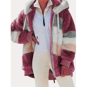 Color Block Fuzzy Hooded Coat, Casual Long Sleeve Winter Warm Outerwear, Women's Clothing