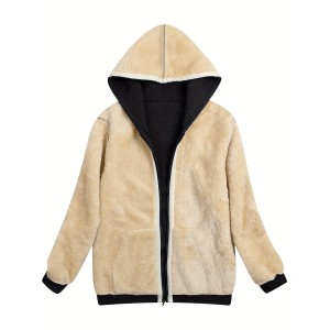 Fuzzy Hooded Jacket, Casual Zip Up Drawstring Long Sleeve Solid Outerwear, Women's Clothing