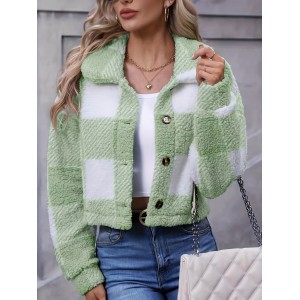 Plaid Teddy Coat, Casual Button Front Long Sleeve Winter Warm Outerwear, Women's Clothing