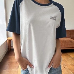 Letter Print Colorblock Crew Neck T-Shirt, Casual Raglan Sleeve Top For Spring & Summer, Women's Clothing