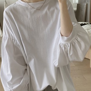 Solid Crew Neck T-Shirt, Casual Lantern Sleeve Top For Spring & Fall, Women's Clothing