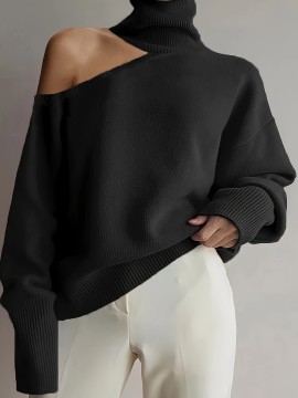 Cut Out Solid Knit Sweater, Casual High Neck Long Sleeve Sweater, Women's Clothing