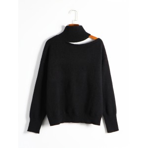 Cut Out Solid Knit Sweater, Casual High Neck Long Sleeve Sweater, Women's Clothing