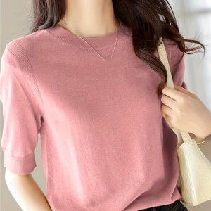 Half Sleeve Knit Swearter, Casual Crew Neck Solid Sweater For Spring & Summer, Women's Clothing