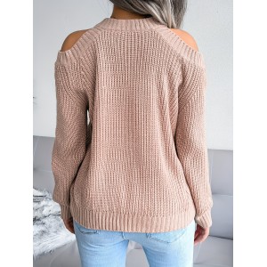 Solid Color Crew Neck Cold Shoulder Knitted Tops, Casual Everyday Pullover Sweaters, Women's Clothing
