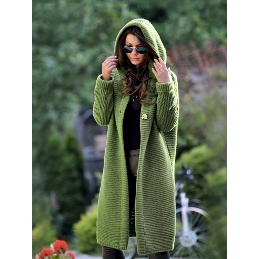 Solid Hooded Button Front Cardigan, Casual Long Sleeve Cardigan For Fall & Winter, Women's Clothing