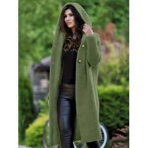 Solid Hooded Button Front Cardigan, Casual Long Sleeve Cardigan For Fall & Winter, Women's Clothing