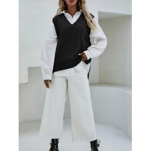 Solid V Neck Knitted Vest, Casual Sleeveless Dipped Hem Split Sweater, Women's Clothing