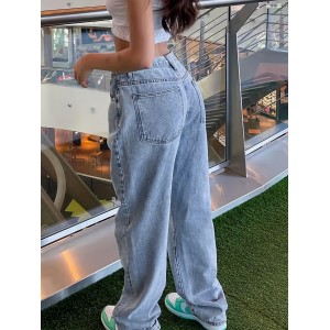 Light Wash Blue Loose Denim Boyfriend Jeans, Vintage Style Zipper Button Closure Denim Pants, Street Causal Style, Women's Denim Jeans & Clothing