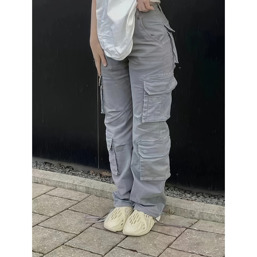 Plain Flap Pockets Cargo Pants, Loose Fit Y2K & Kpop Style Straight Jeans, Women's Denim Jeans & Clothing