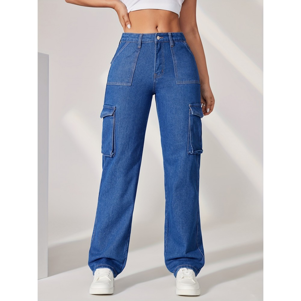 Blue Flap Pockets Cargo Pants, Loose Fit High Waist Y2K & Kpop Style Straight Jeans, Women's Denim Jeans & Clothing