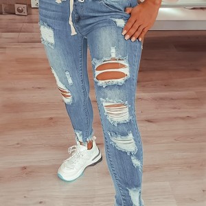 Plain Ripped Holes Skinny Jeans, Slim Fit Frayed Hem Drawstring Elastic Waist Denim Pants, Women's Denim Jeans & Clothing