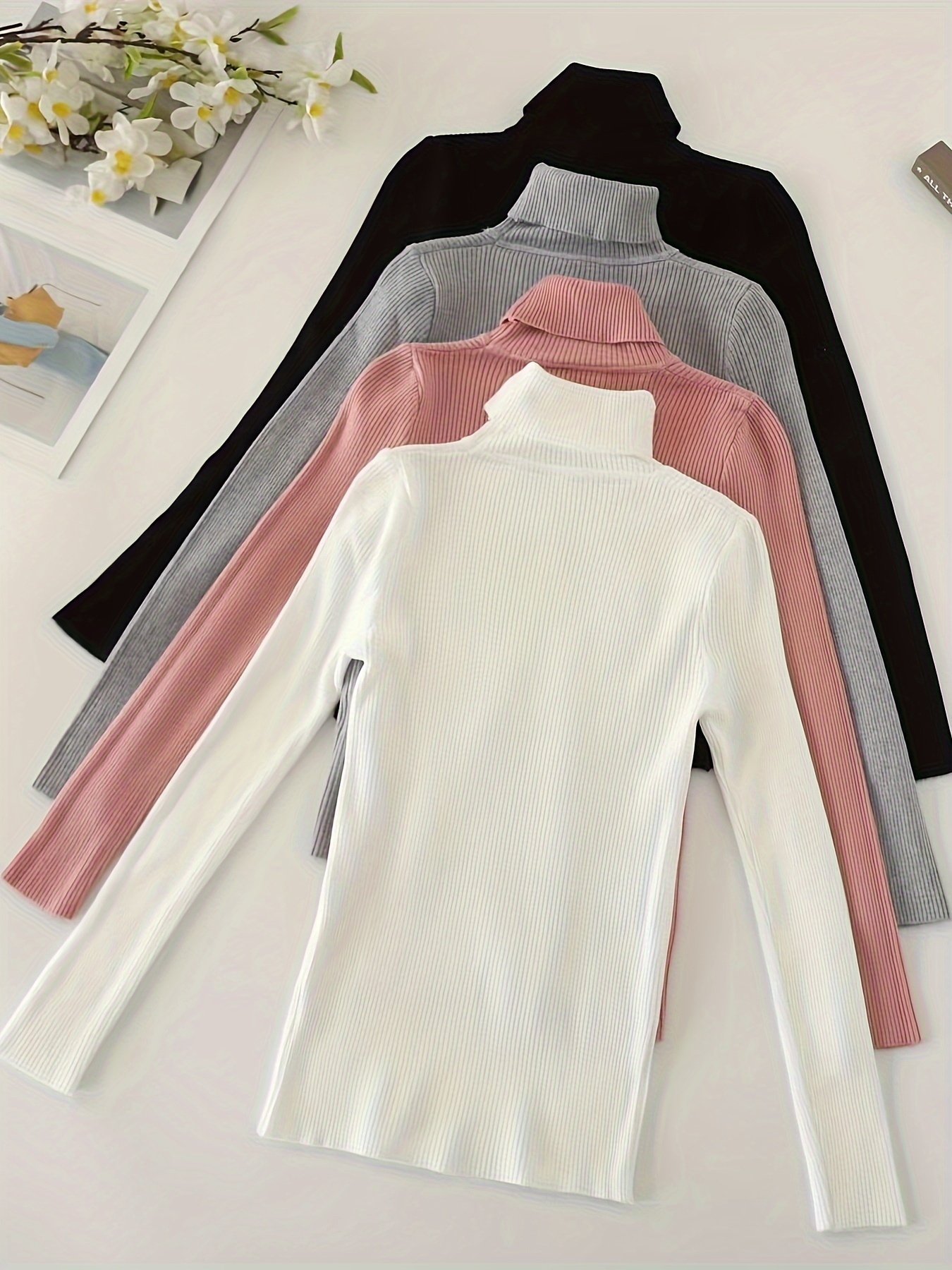 solid turtle neck rib knit top 4 pack casual long sleeve slim versatile sweater womens clothing details 0